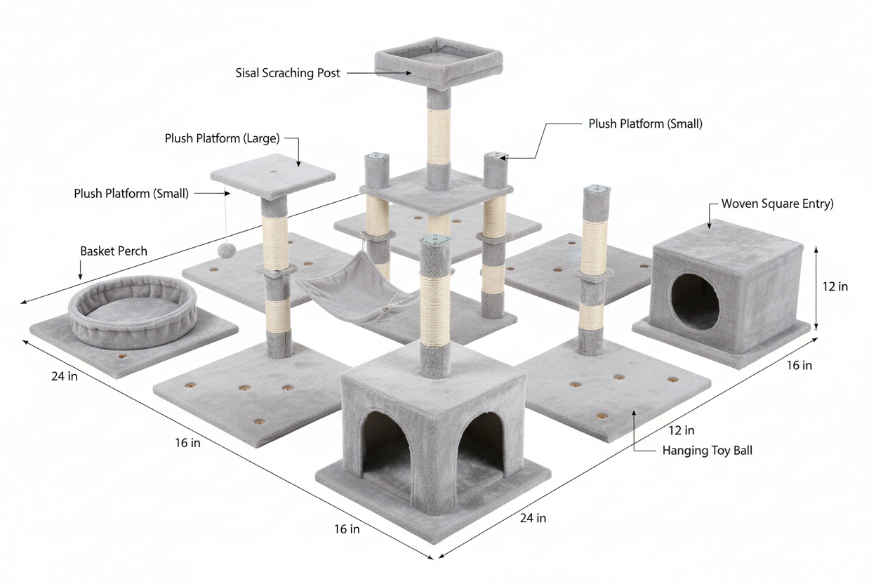 Cat tree components overview flat lay showing all parts