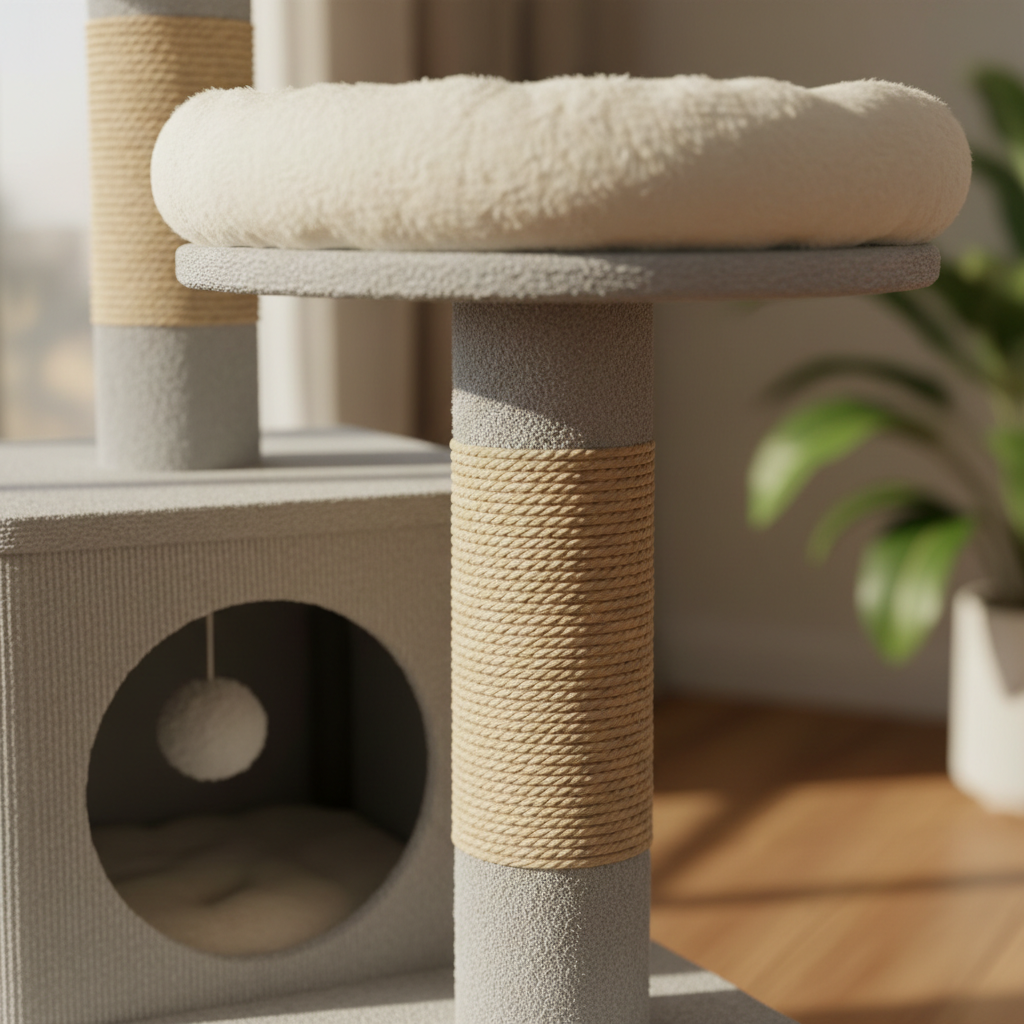 Close-up of sisal scratching post and plush platform detail on cat tree