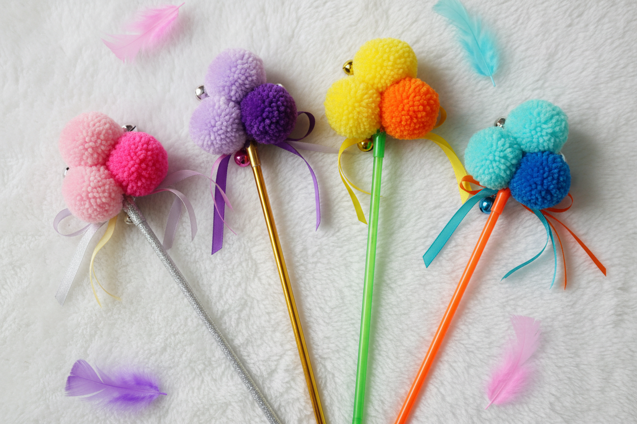 Set of colorful pom pom cat wand toys in multiple colors flat lay