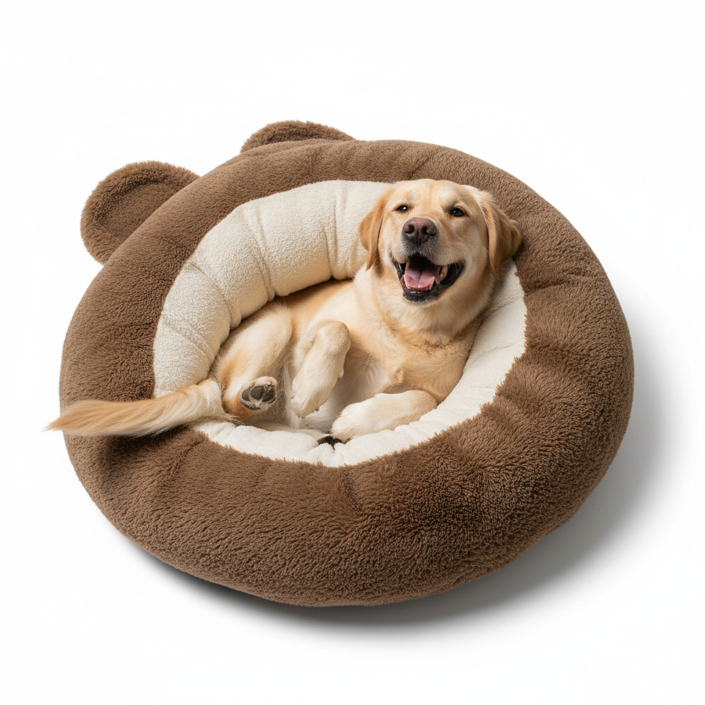 Happy Labrador smiling inside giant brown fluffy bear paw dog bed