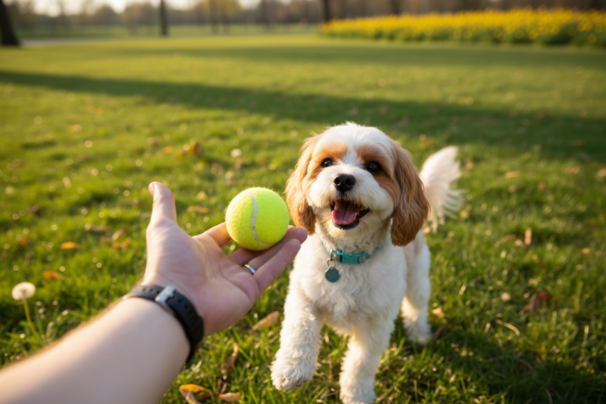 Person offering yellow tennis ball to playful dog outdoors