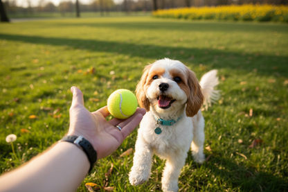 Person offering yellow tennis ball to playful dog outdoors