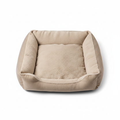 Top-down overhead view of large square bolster dog bed showing full plush interior