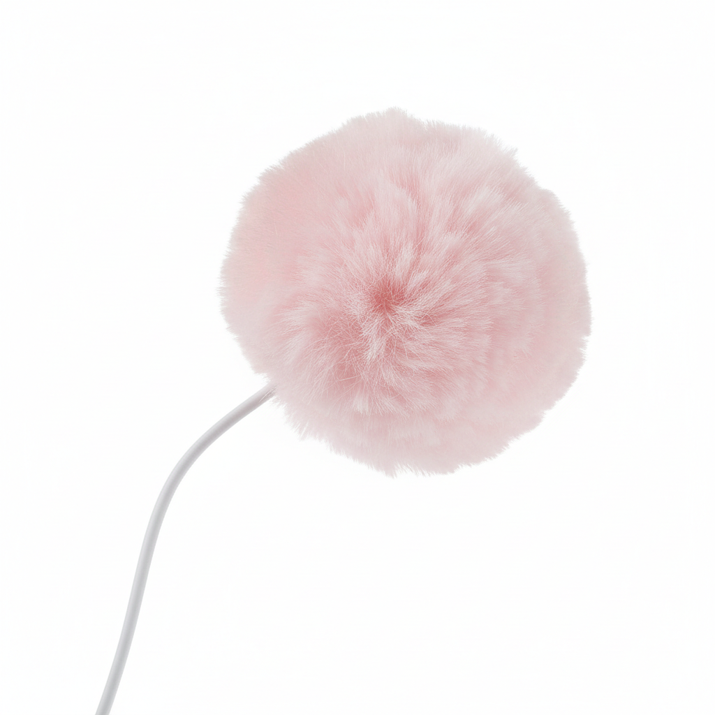 Close-up macro detail of soft pink faux fur pom pom cat toy