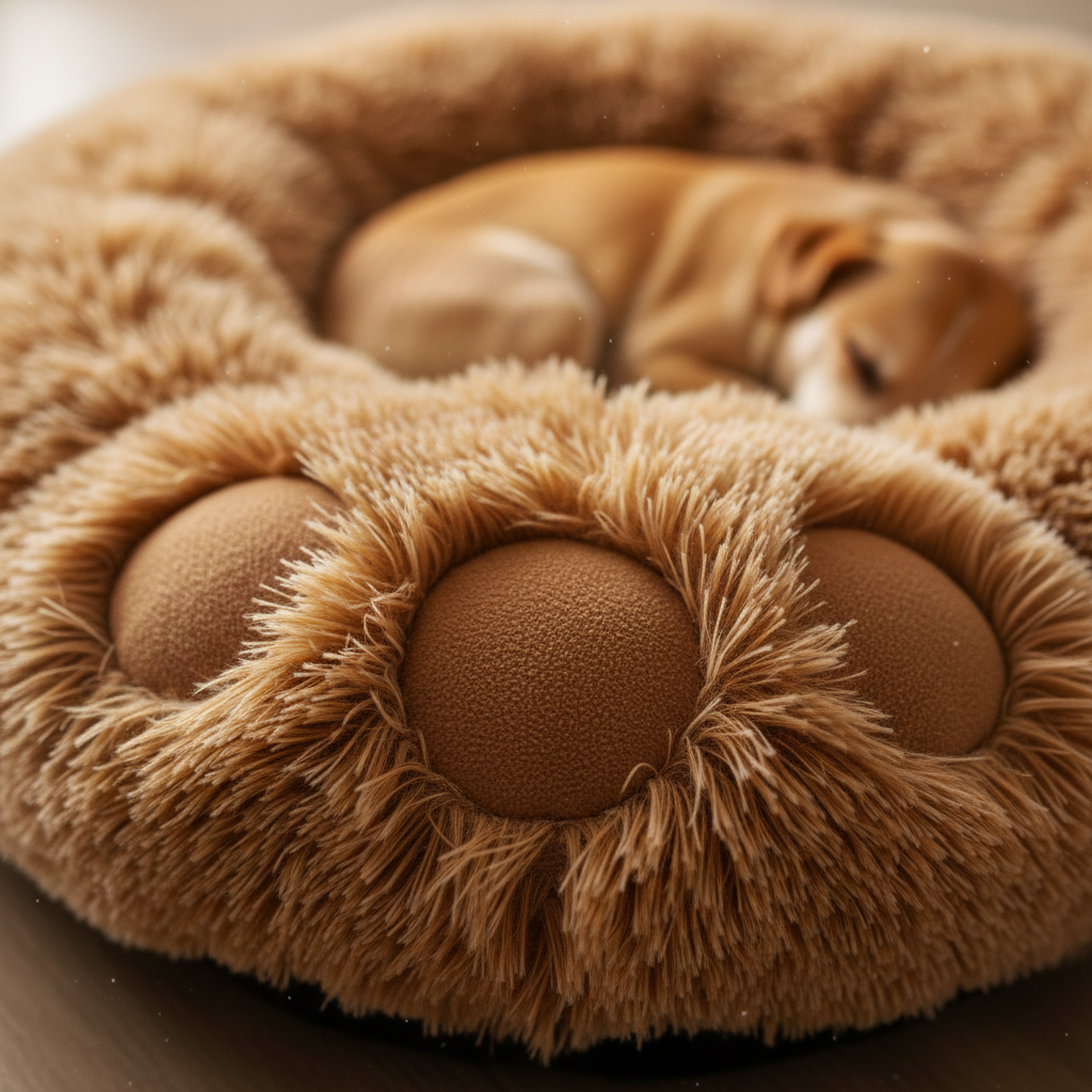 Close-up of ultra-soft long plush fur texture and toe pad bumps on bear paw dog bed