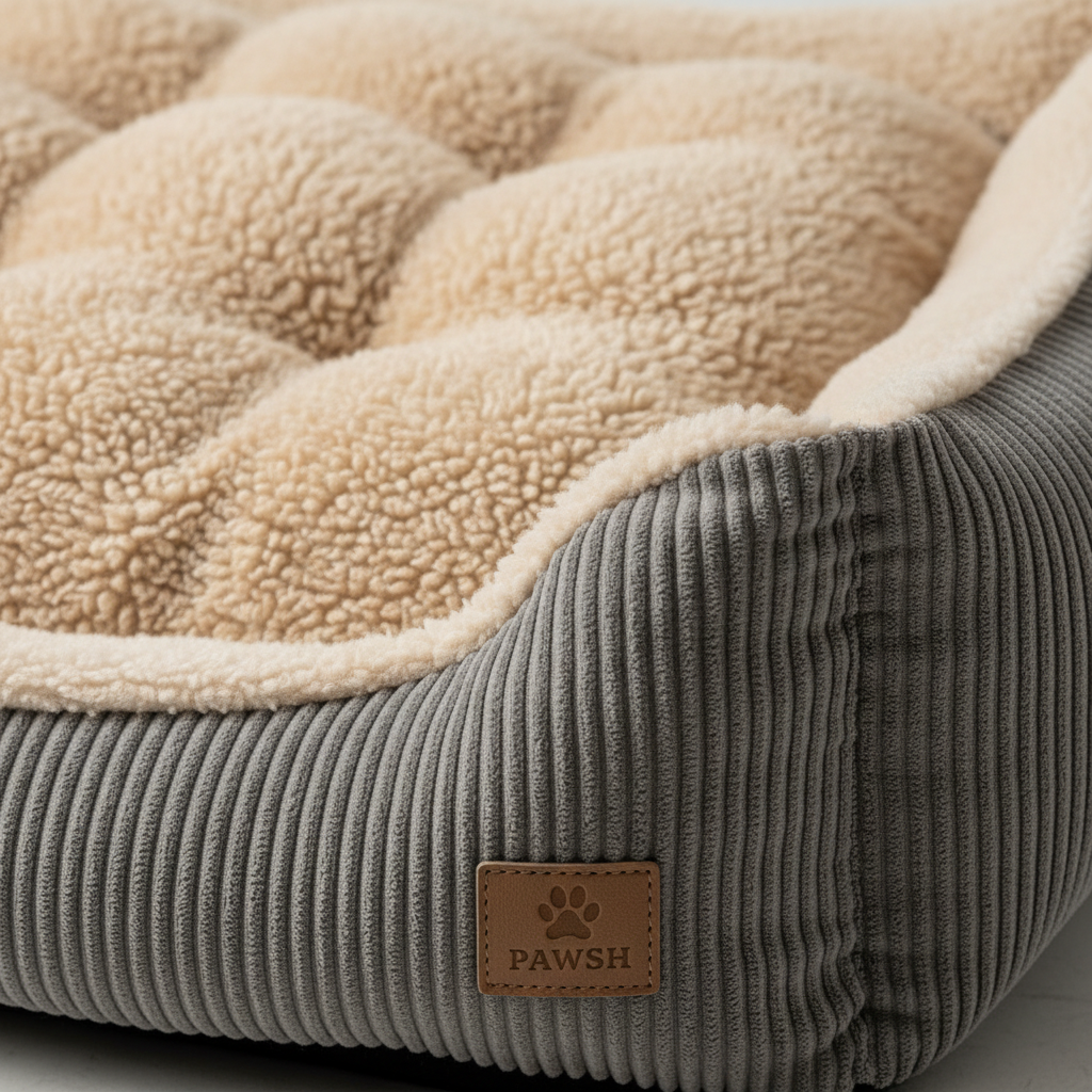 Close-up of plush interior and corduroy exterior fabric detail of dog bed