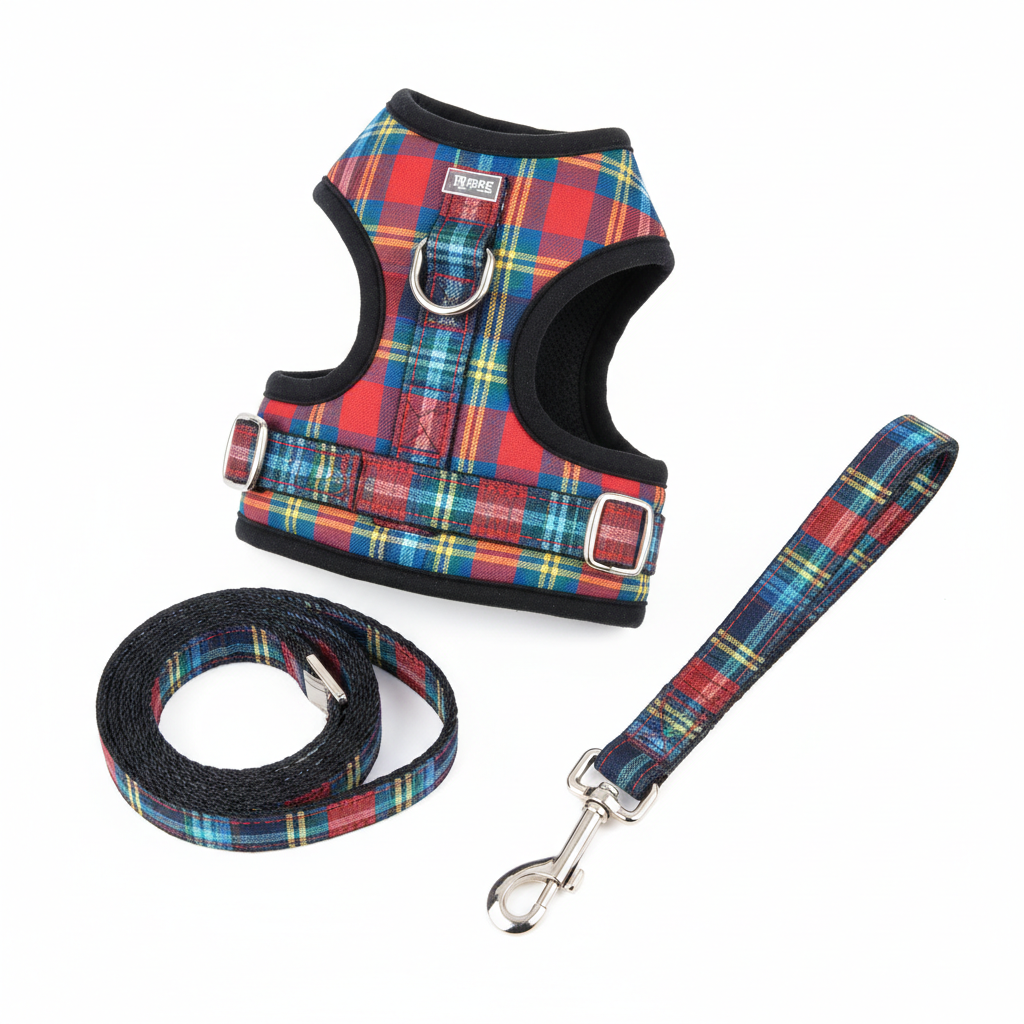 Colorful plaid dog harness and leash set flat lay on white background
