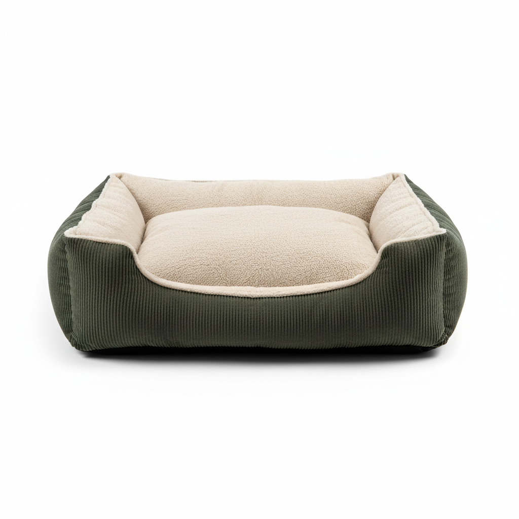 Luxury bolster dog bed with corduroy sides and plush beige interior on white background
