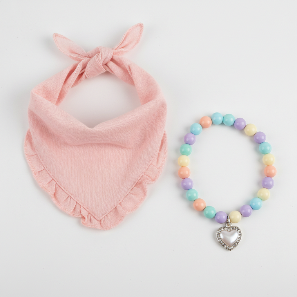 Pink bandana and colorful beaded necklace product detail flat lay