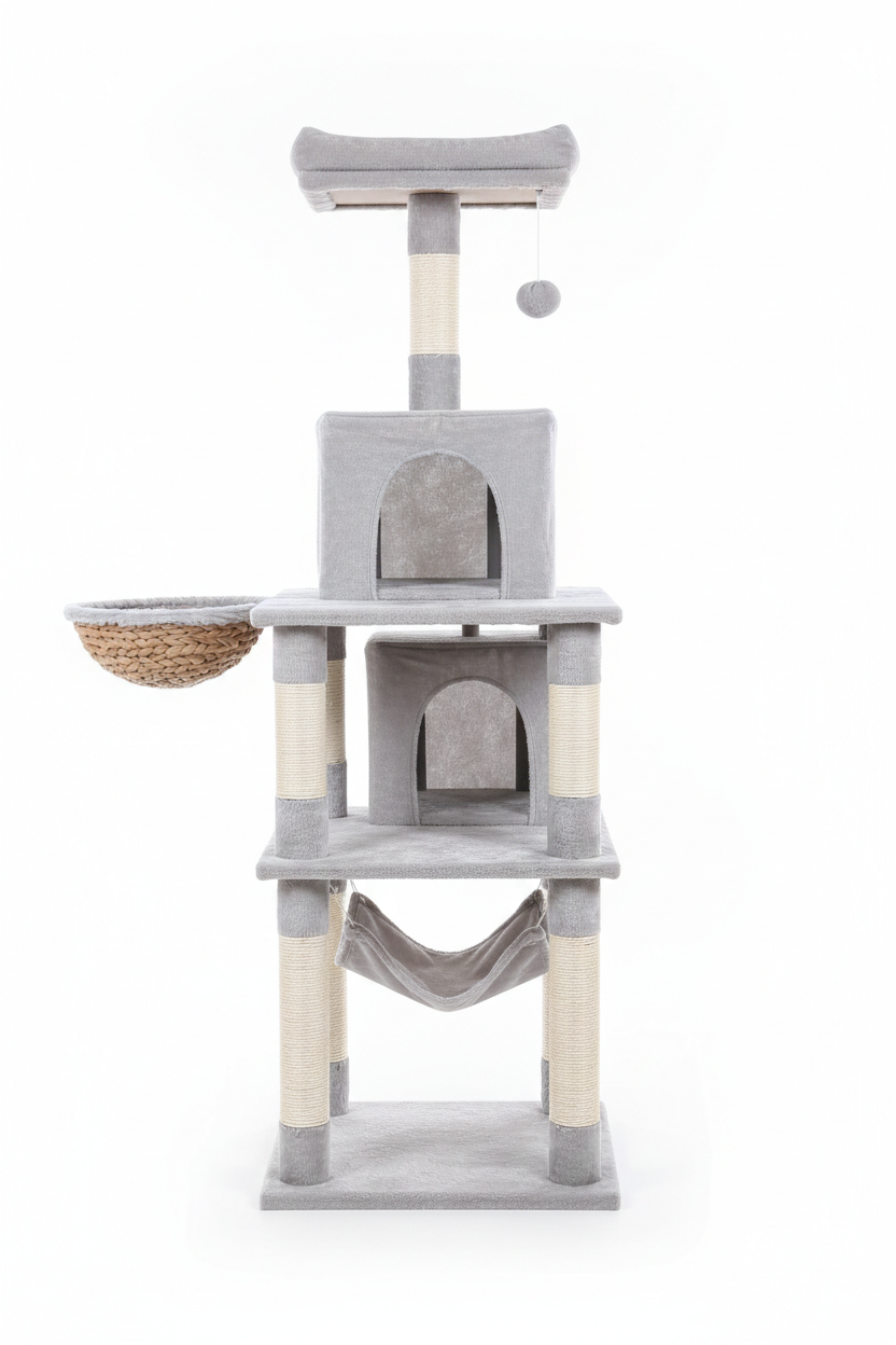 Tall multi-level gray cat tree tower full product view