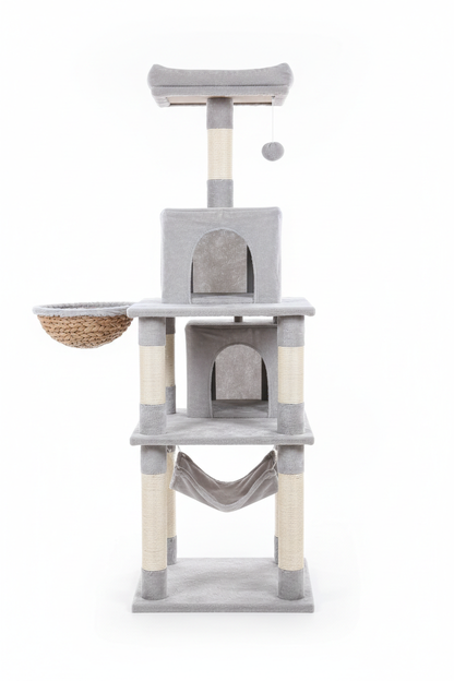 Tall multi-level gray cat tree tower full product view