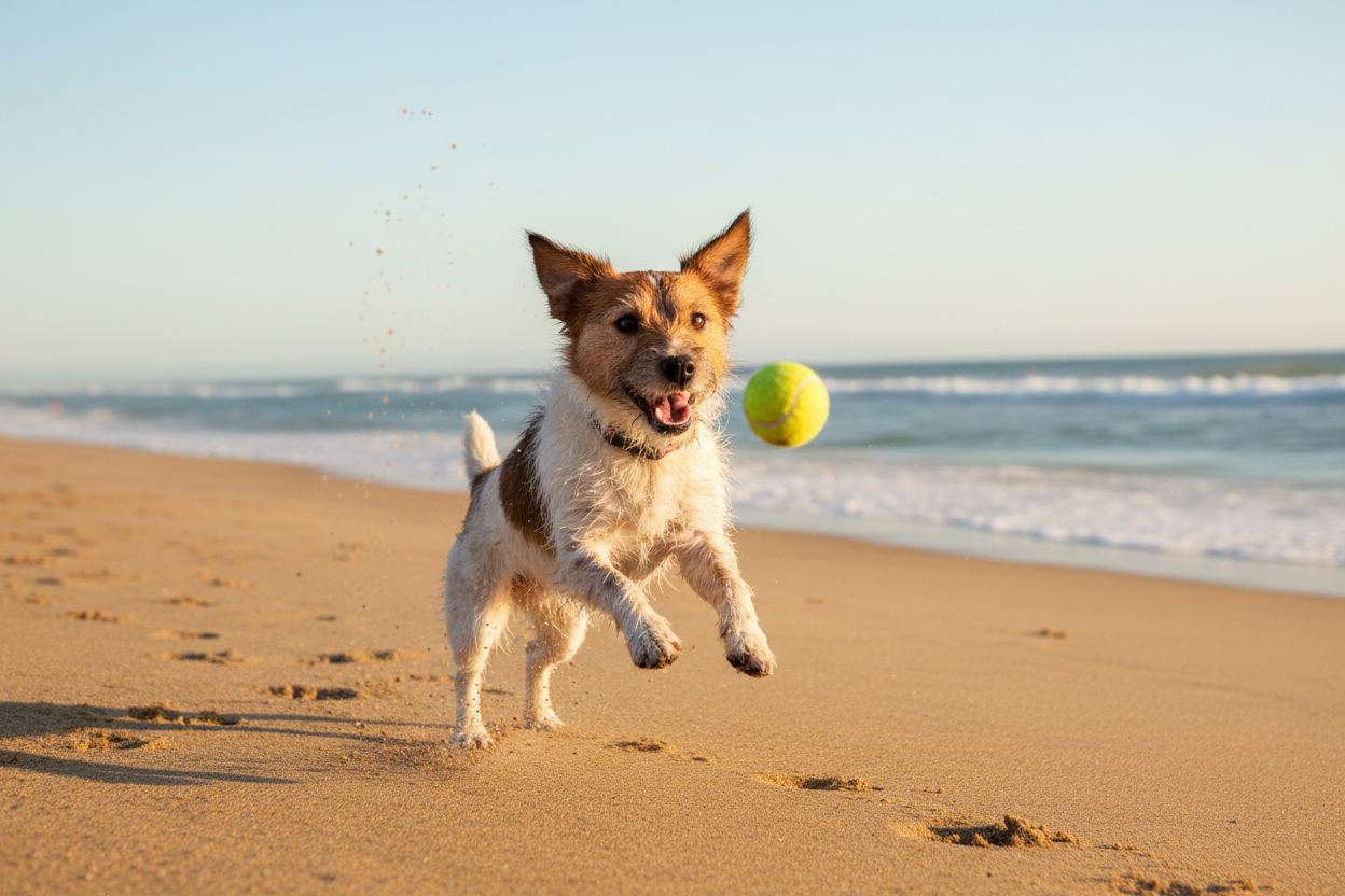 Happy dog playing fetch with yellow tennis ball on beach