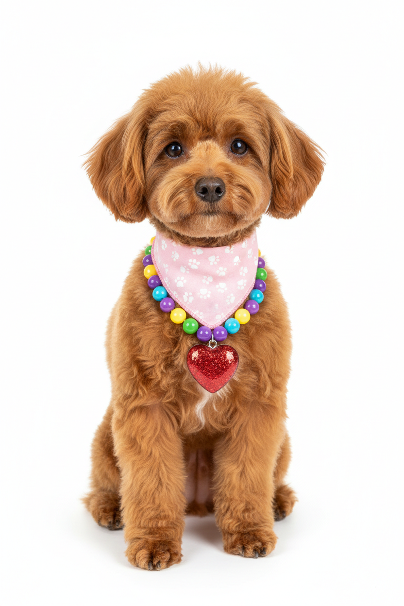 Toy poodle in pink bandana and beaded necklace, white background