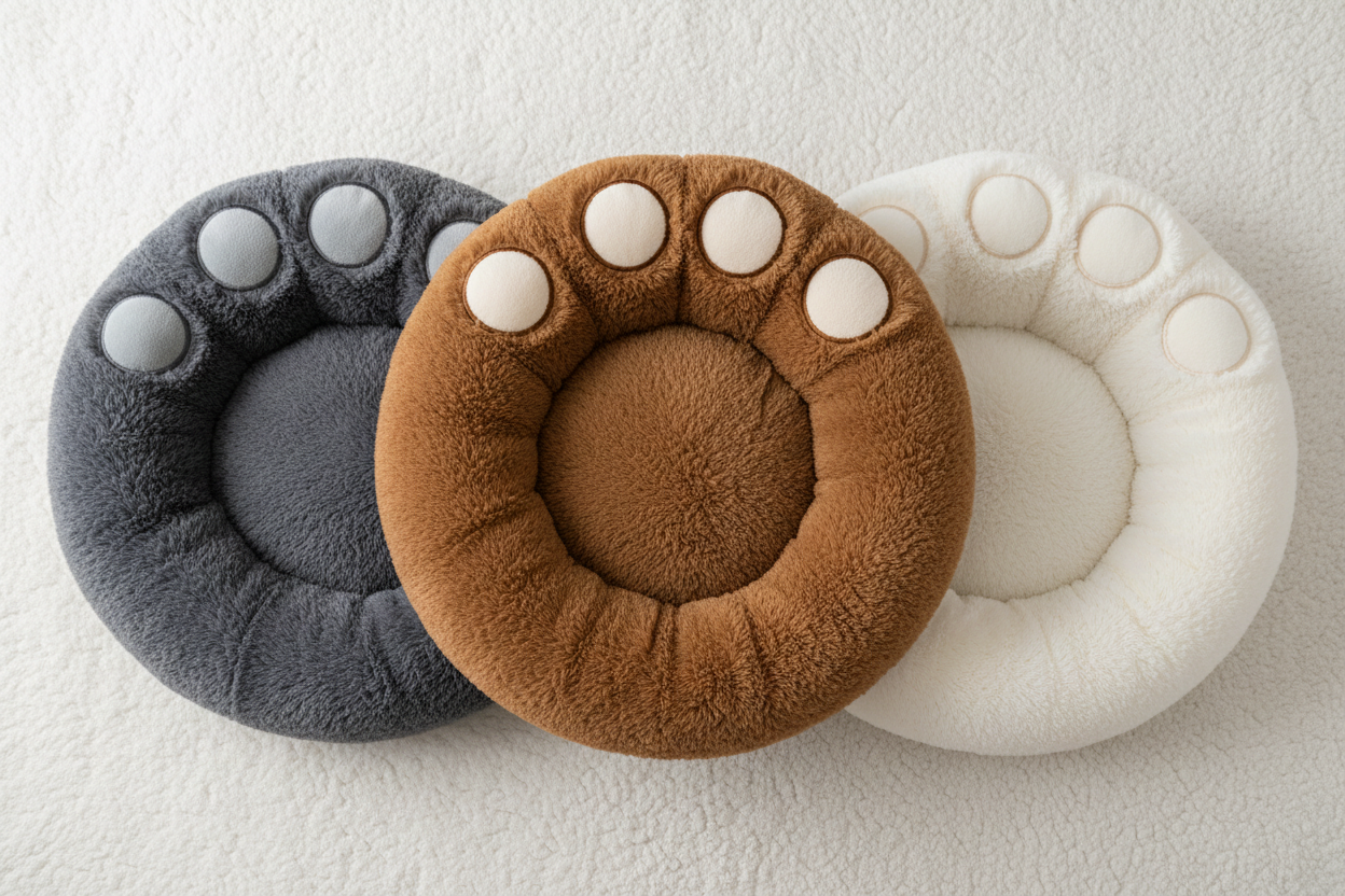 Bear paw dog beds in brown grey and cream color variants collection flat lay