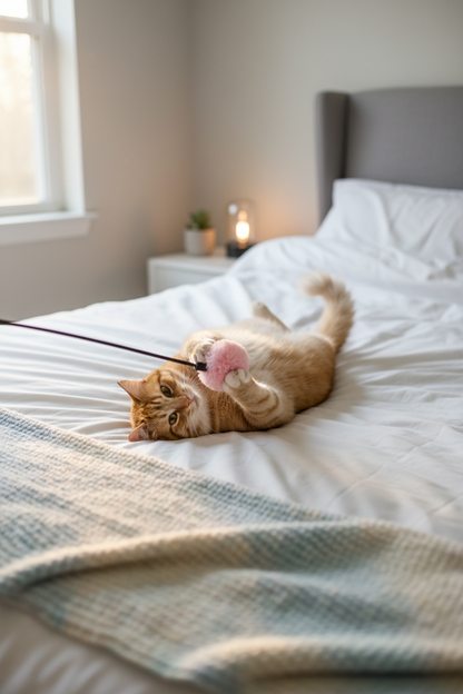 Orange cat playing with pink pom pom wand on bed lifestyle photo