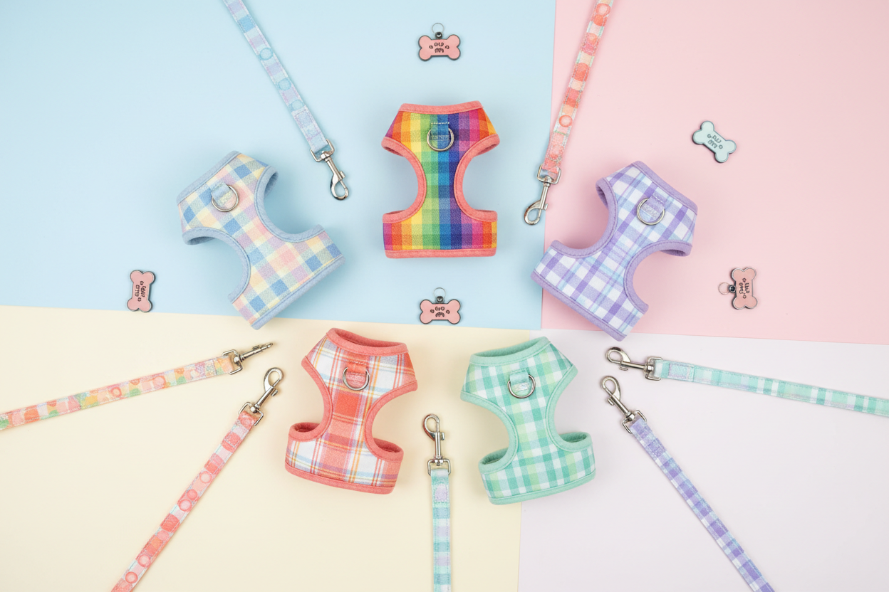 Multiple color variants of dog harness and leash set flat lay