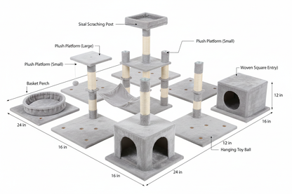 Cat tree components overview flat lay showing all parts
