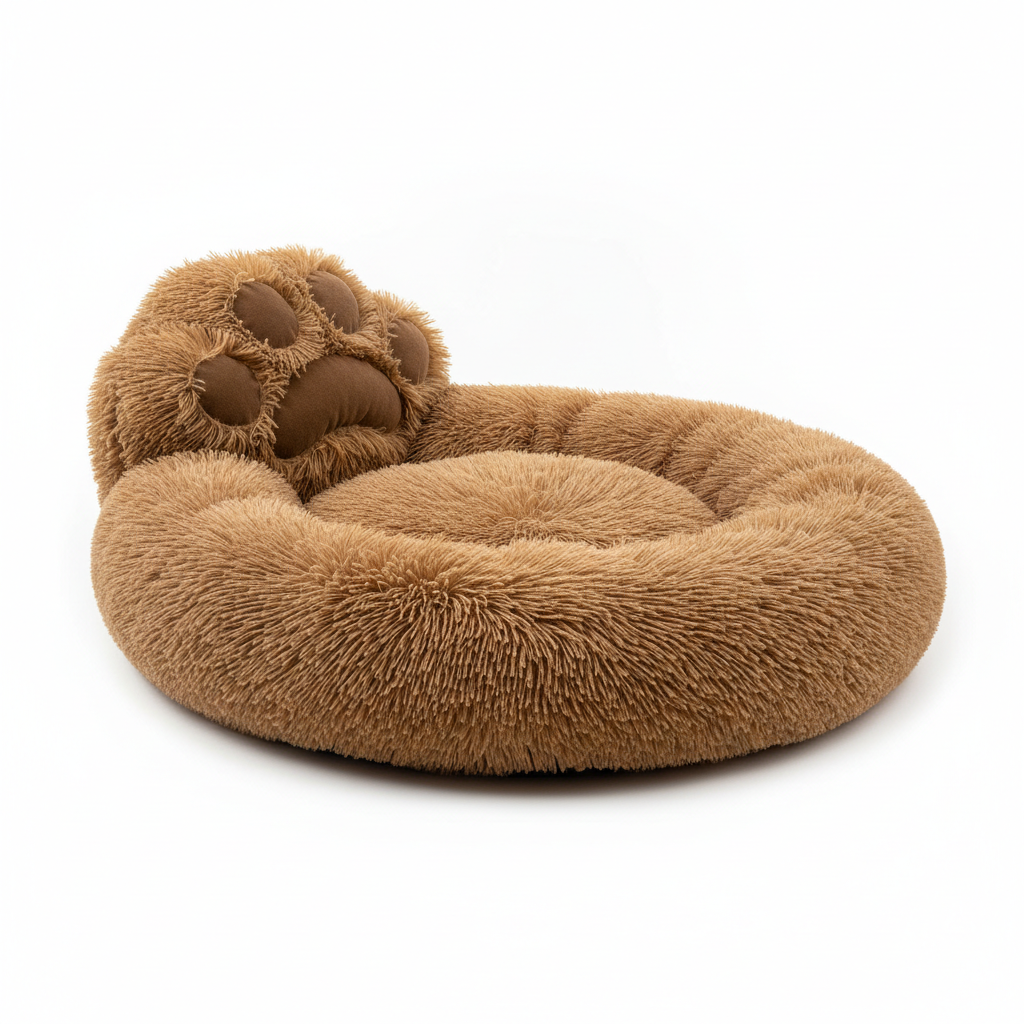Giant bear paw shaped fluffy brown dog bed on white background product shot