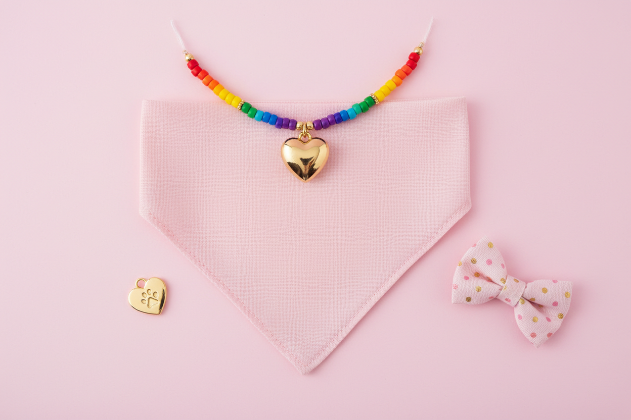 Flat lay of pink dog bandana and rainbow beaded necklace accessories set
