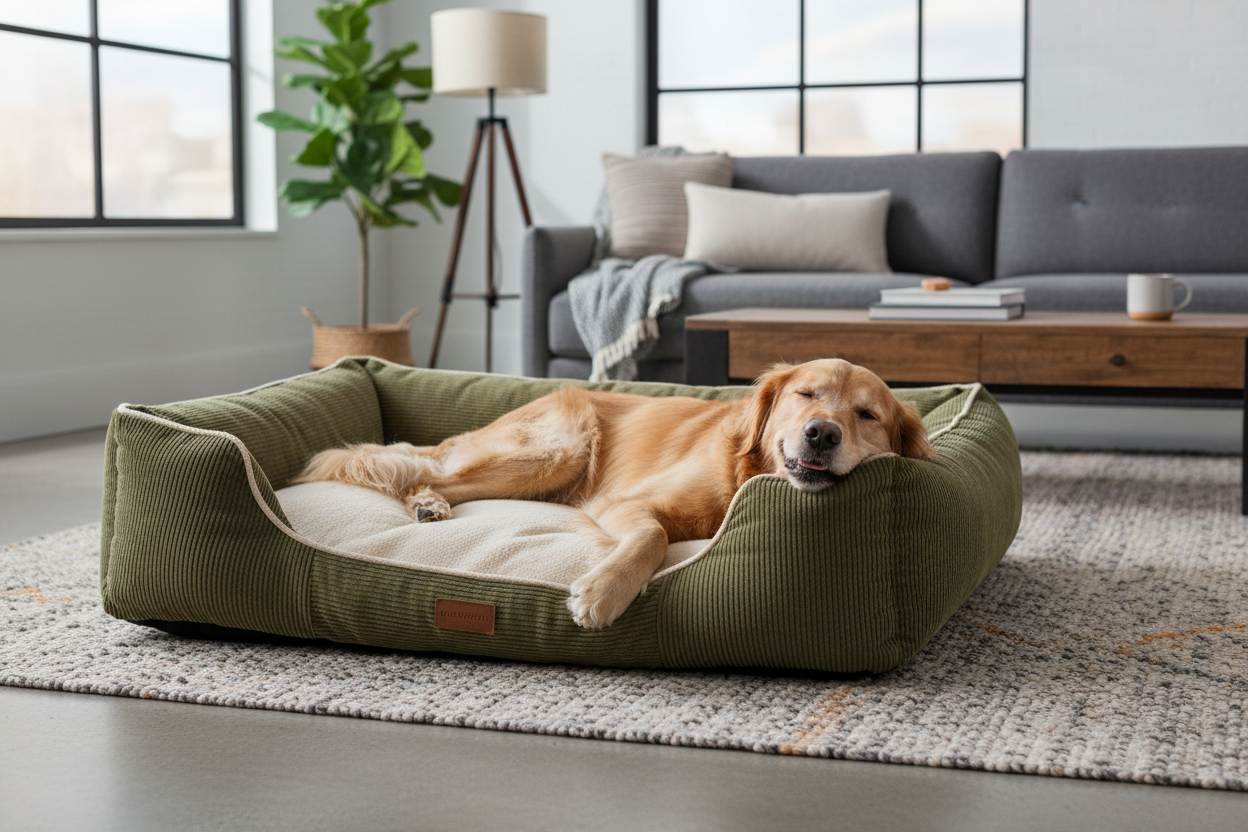 Golden retriever resting in large plush bolster dog bed in cozy living room