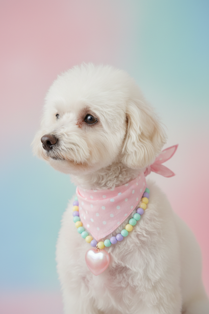 Toy poodle side profile wearing pink bandana and bead necklace