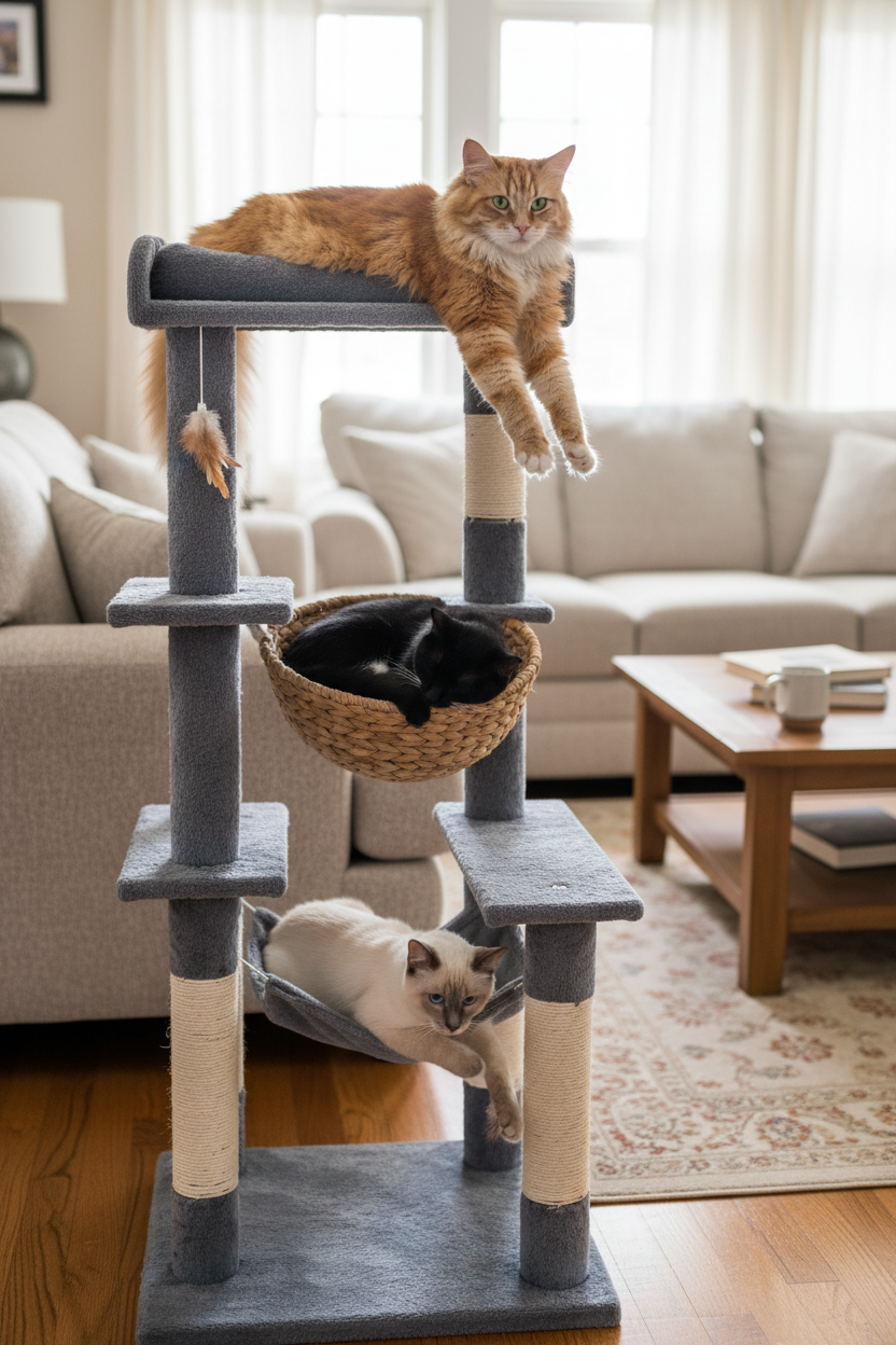 Three cats relaxing on different levels of gray cat tree tower