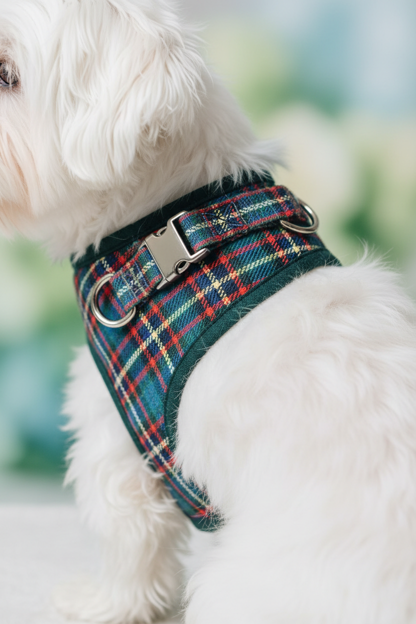 Close-up of colorful plaid harness on small white dog showing buckle detail